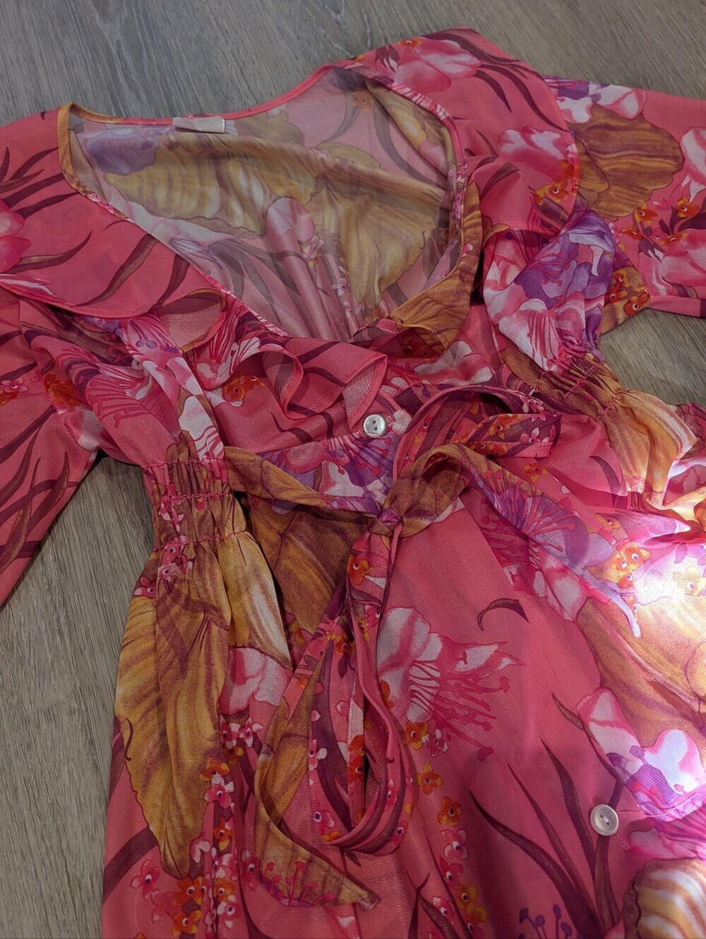 Vintage Pink Floral Maxi Duster Dress Boho Button Front - Picture 9 of 10